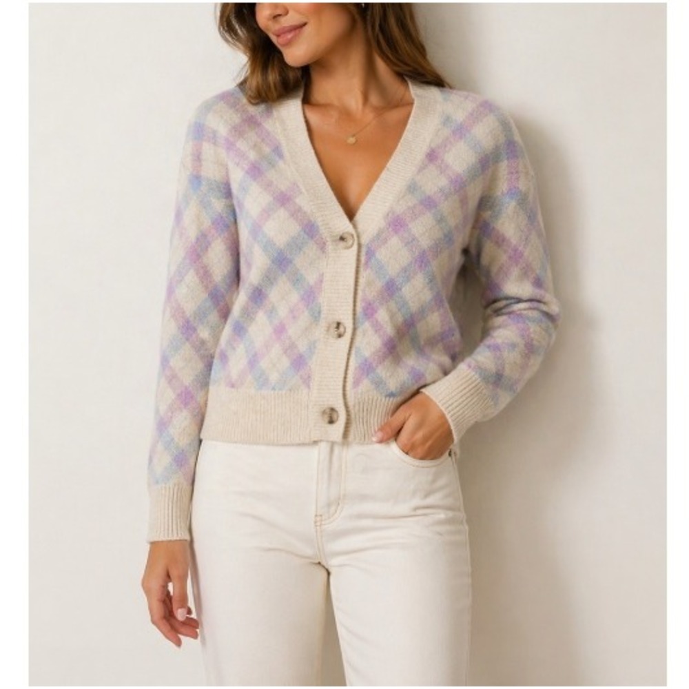 Dreamers by Debut Women's Cream Plaid V-Neck Fuzzy Cardigan Petite Size L/XL NWT